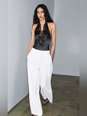 Zara White Wide Leg Trousers | High Rise Pleated Pants | Size M